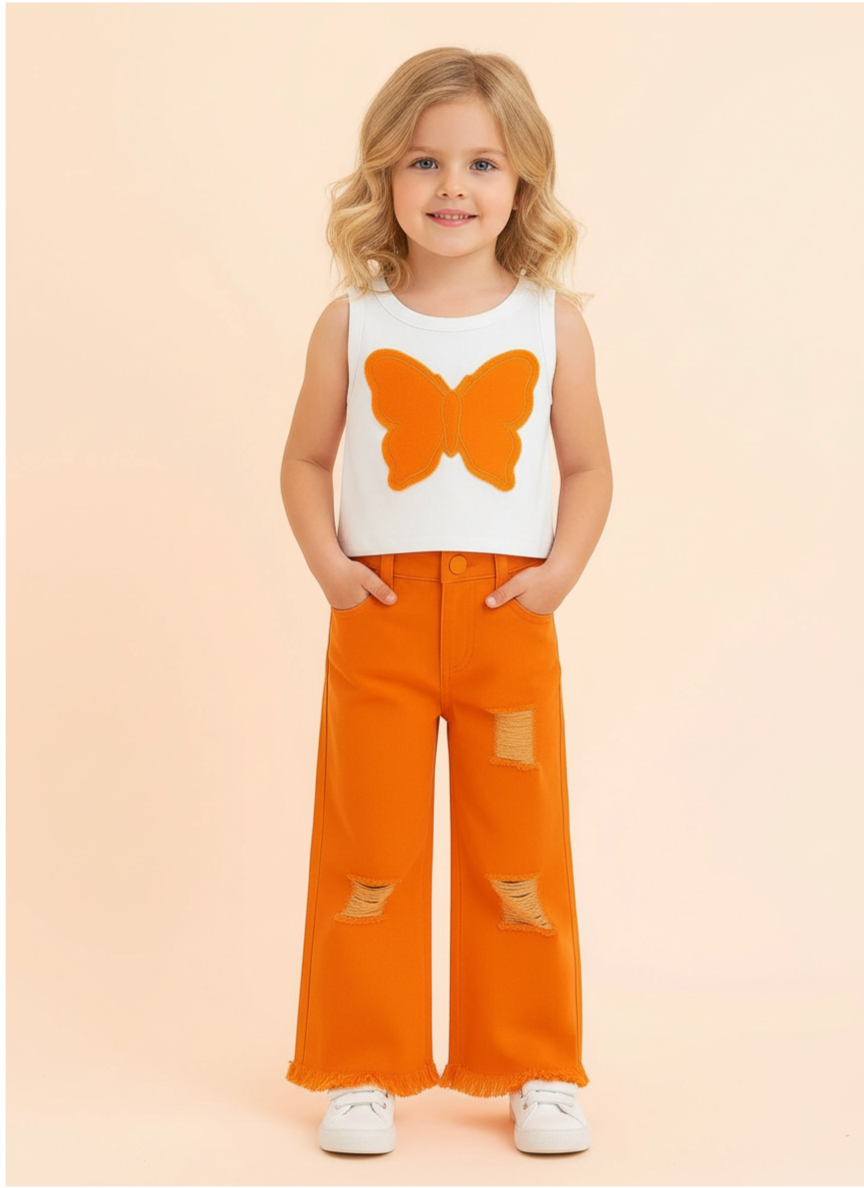 Kız Çocuk Turuncu Renk Kelebek Aplikeli Askılı Bluz ve İspanyol Paça Pantolon Takımı
