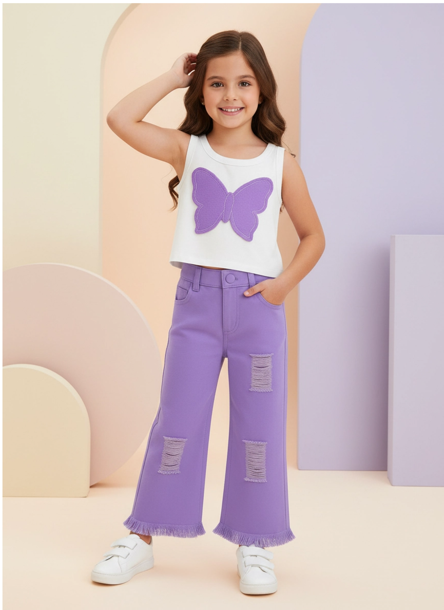 Kız Çocuk Mor Renk Kelebek Aplikeli Askılı Bluz ve İspanyol Paça Pantolon Takımı