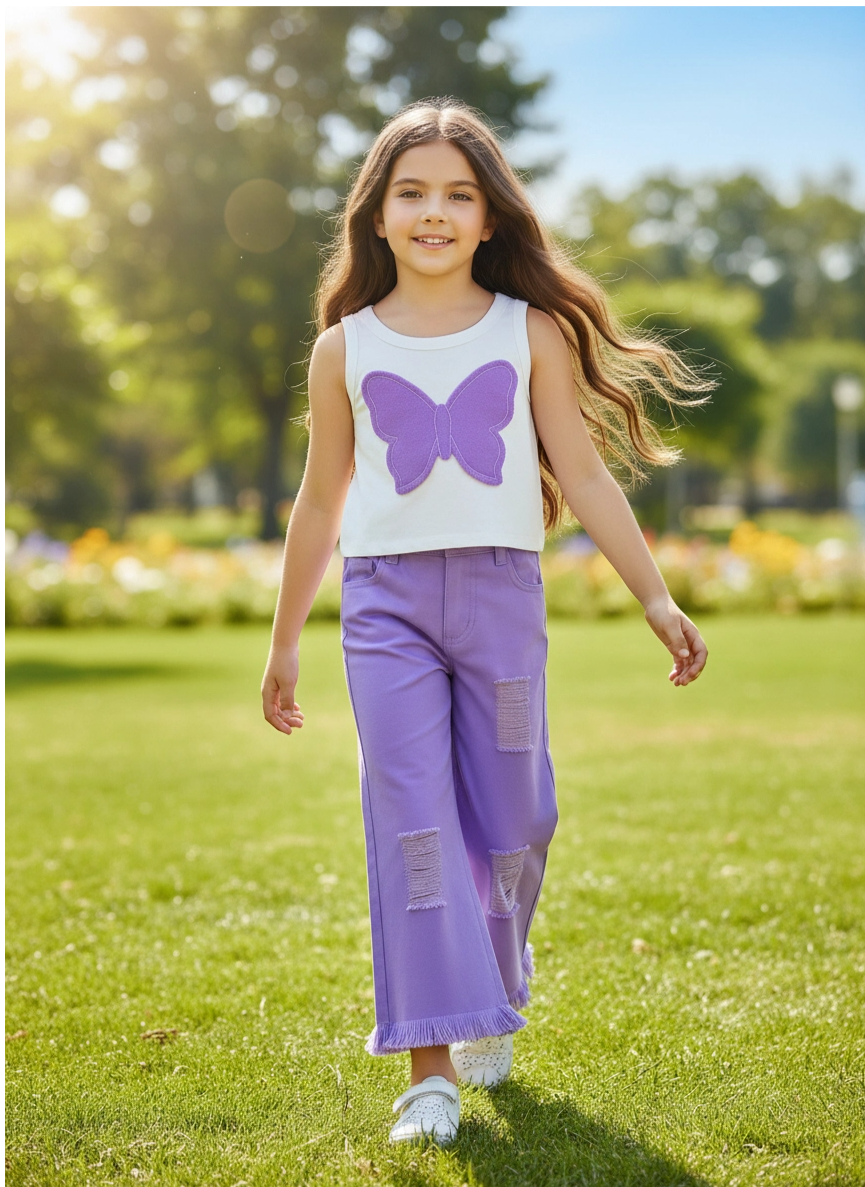 Kız Çocuk Mor Renk Kelebek Aplikeli Askılı Bluz ve İspanyol Paça Pantolon Takımı